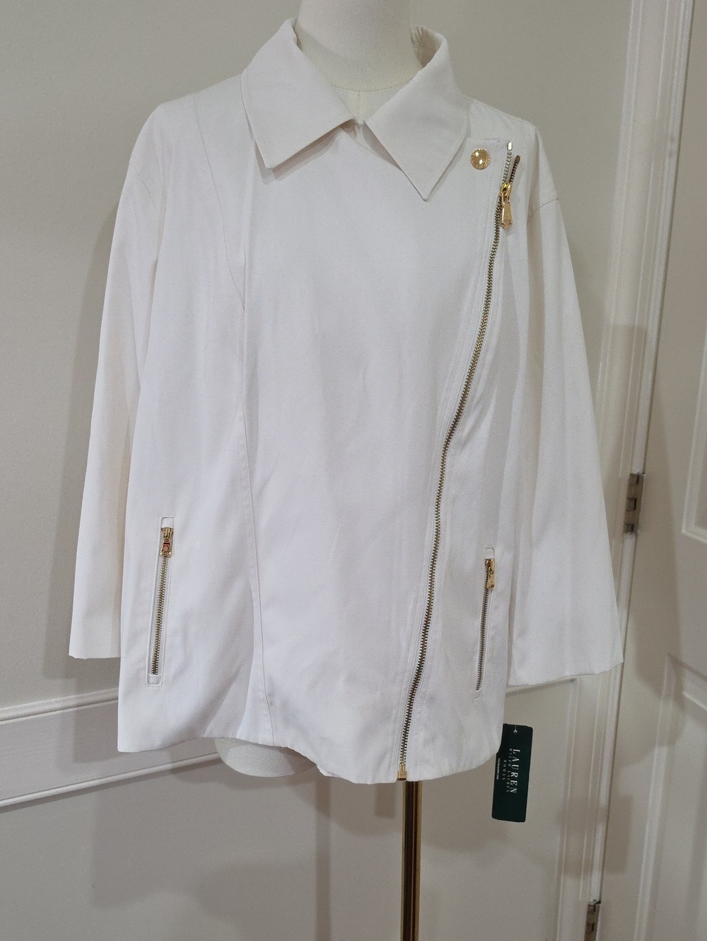 NWT Lauren Ralph Lauren White Asymmetrical Moto Jacket with Gold Hardware Size3X